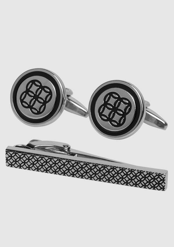 Silver Geo Cufflink & Tie Pin Set
