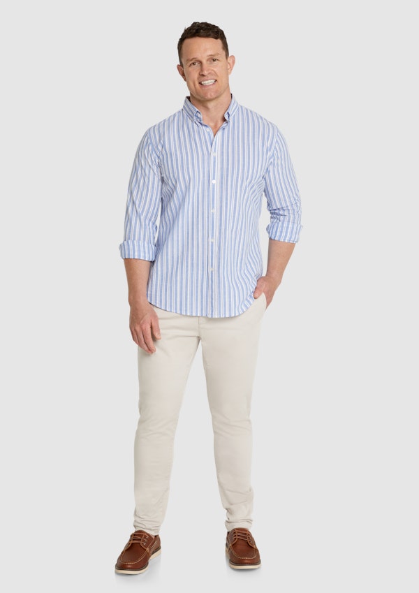 Men's White Blue Stripe Linen-Blend Shirt