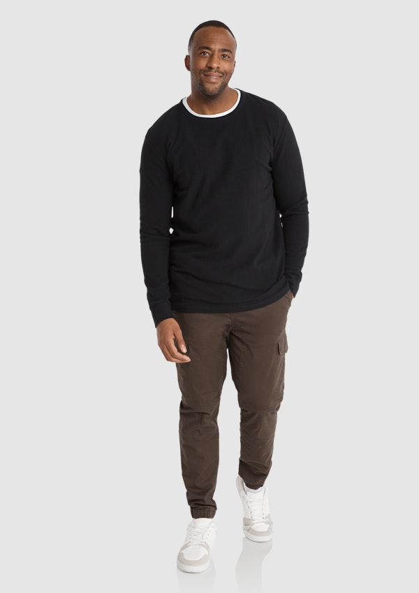 Black Waffle Crew Neck Long Sleeve Top