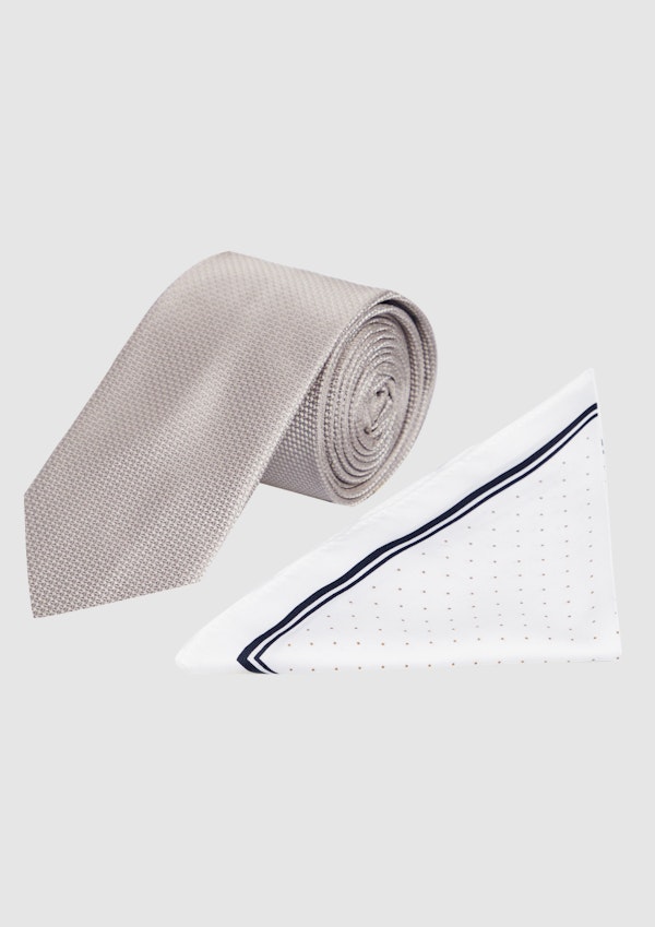 Oyster Textured Tie & Print Pkt Square Set