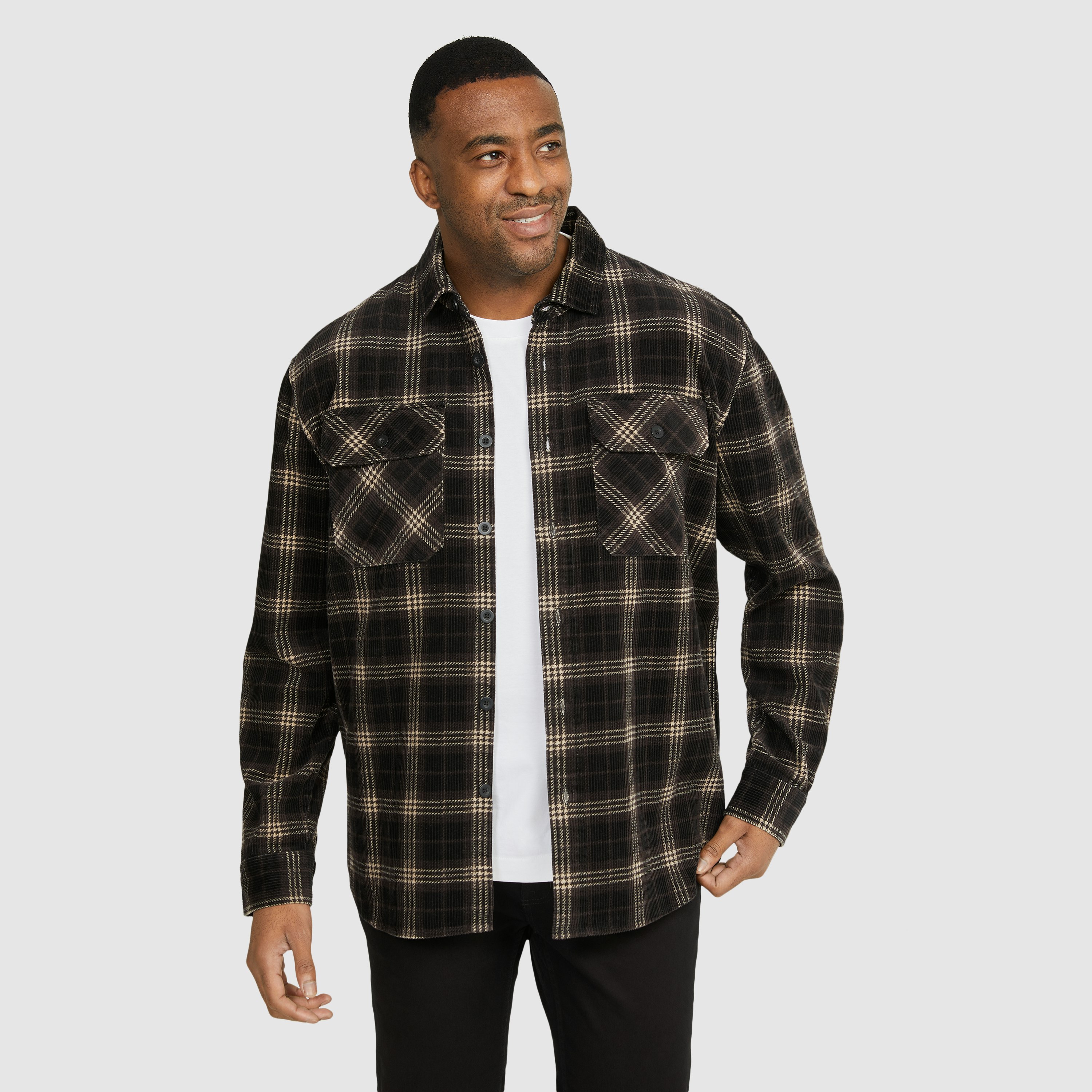 Brown Leroy Check Cord Overshirt | Men's Tops | Johnny Bigg AU