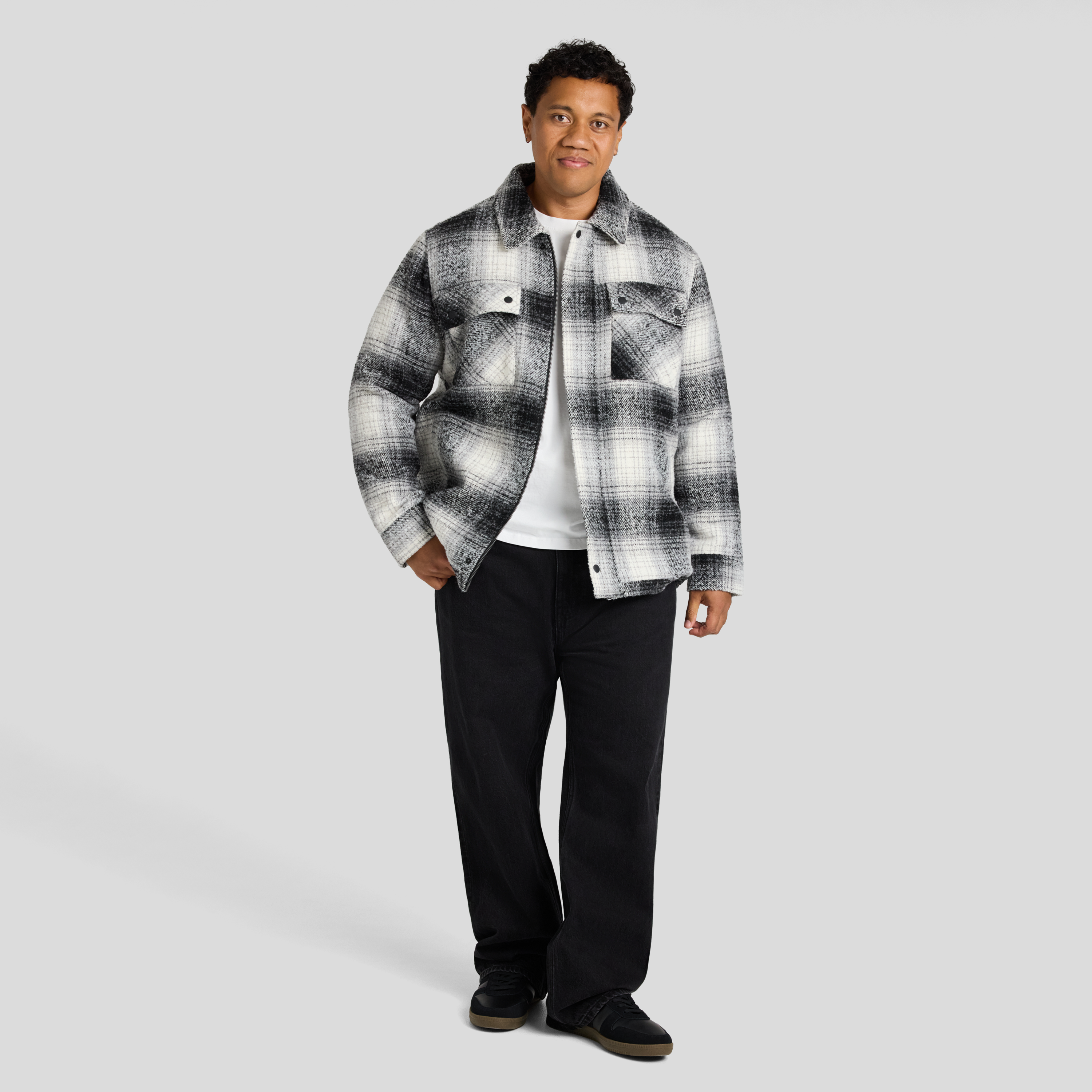 Black Padded Check Zip Thru Jacket