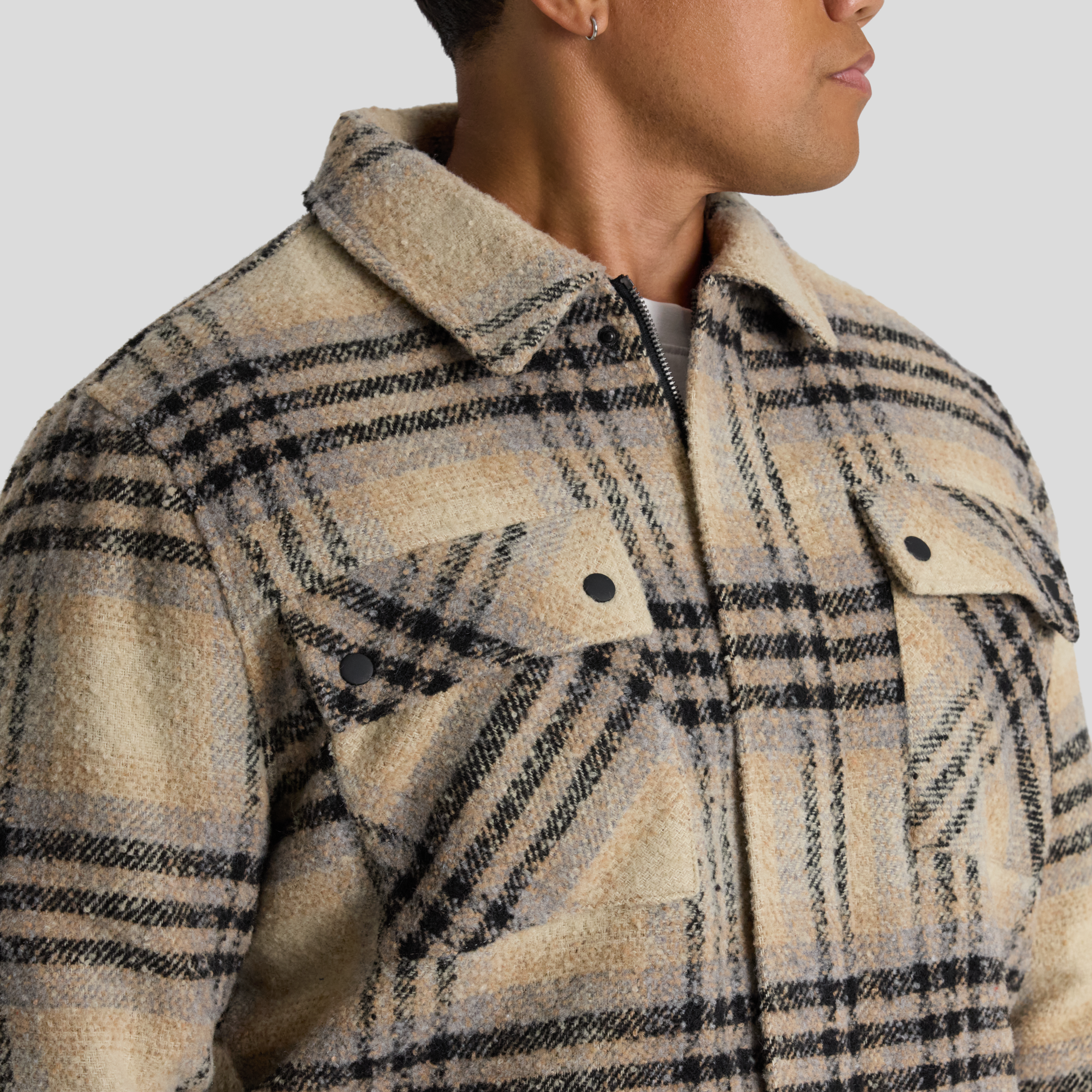 Ecru Padded Check Zip Thru Jacket