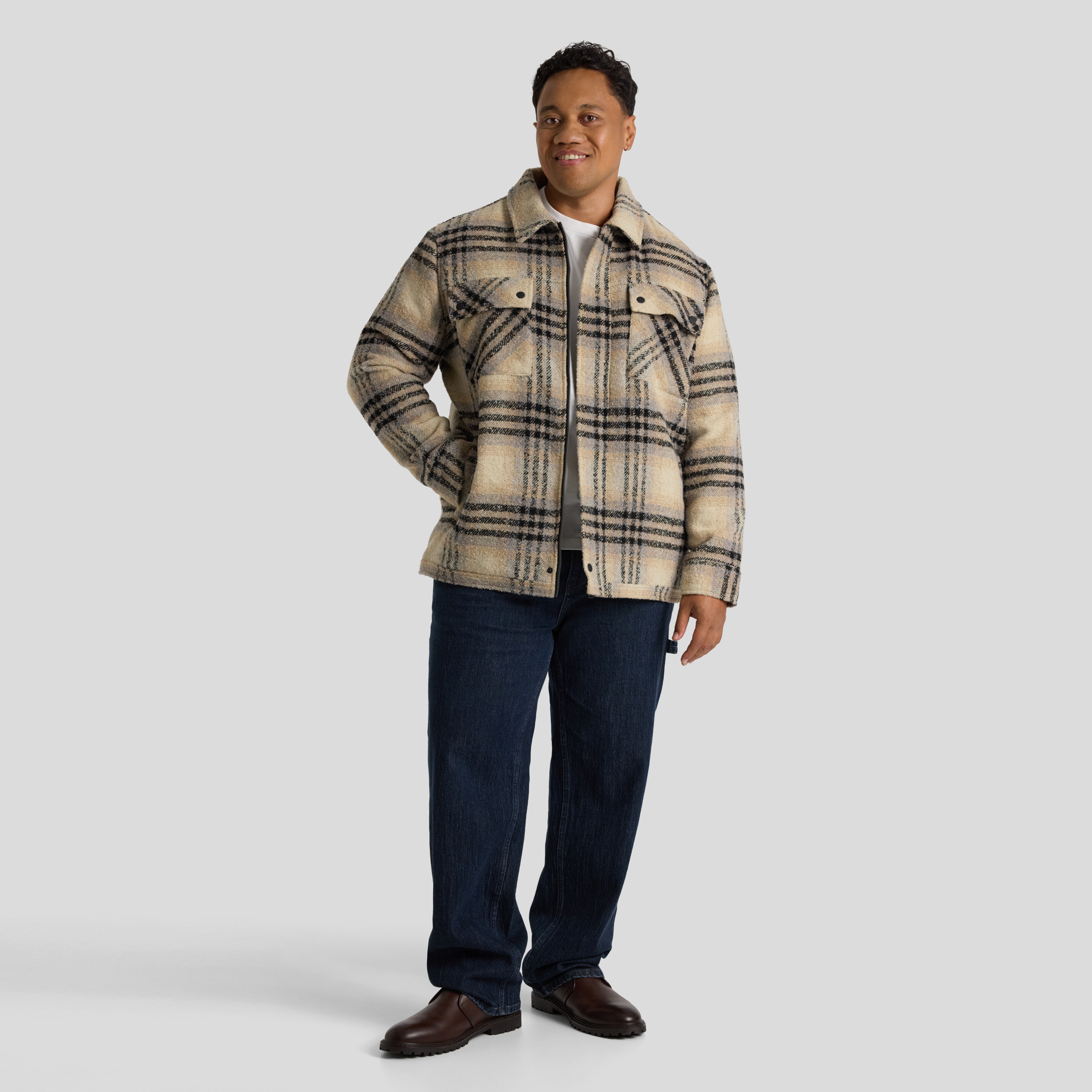 Ecru Padded Check Zip Thru Jacket