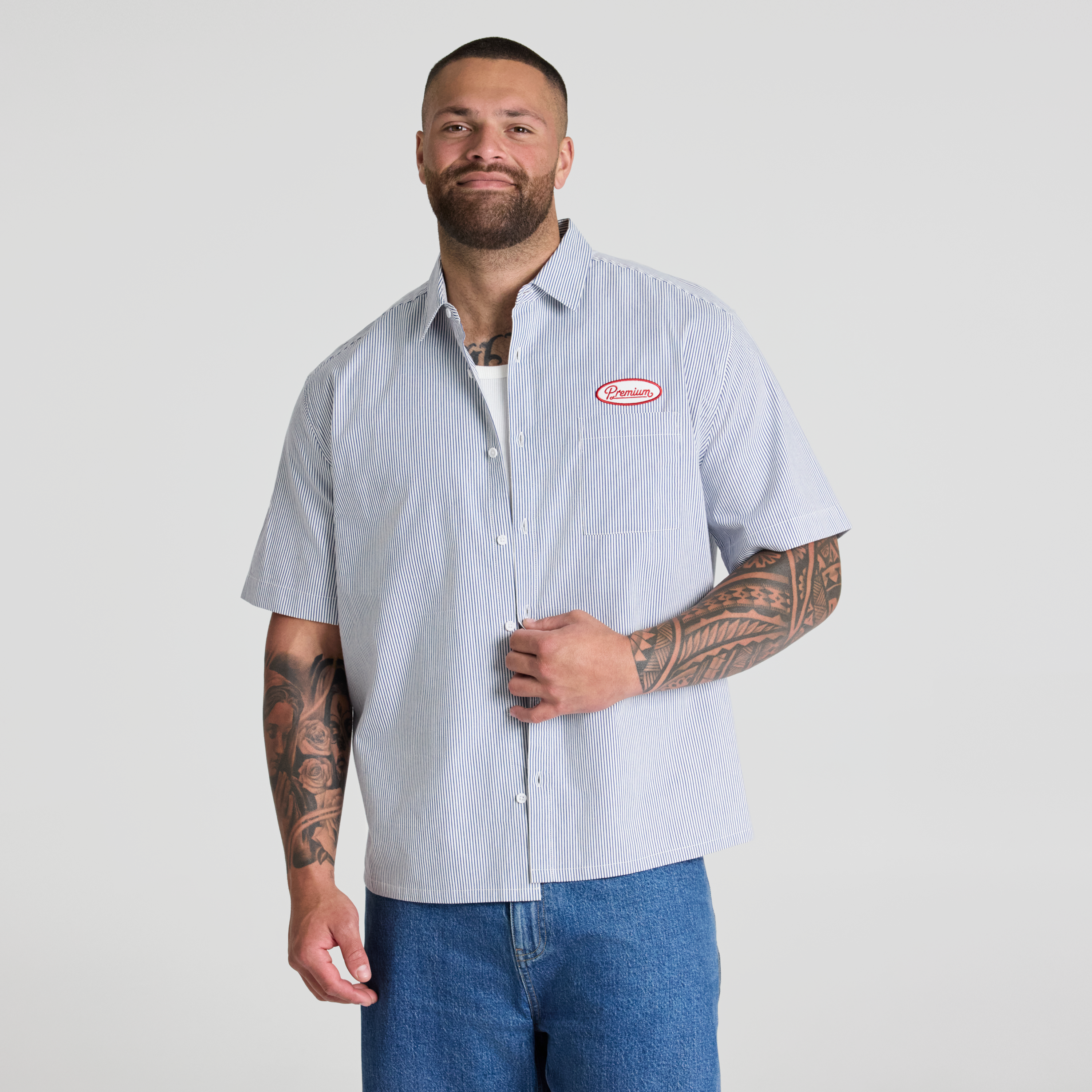 White Embroidered Boxy Stripe Shirt
