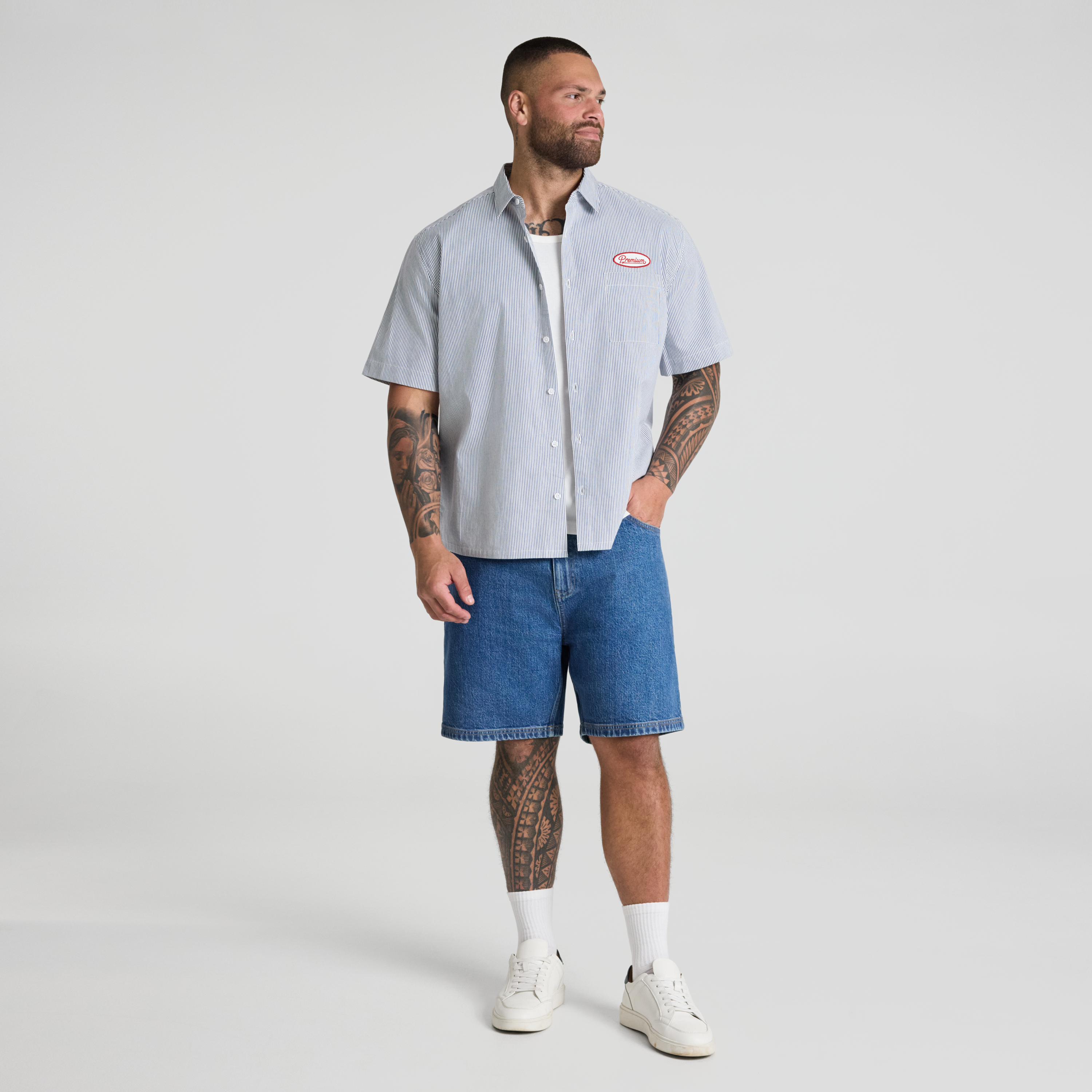 White Embroidered Boxy Stripe Shirt